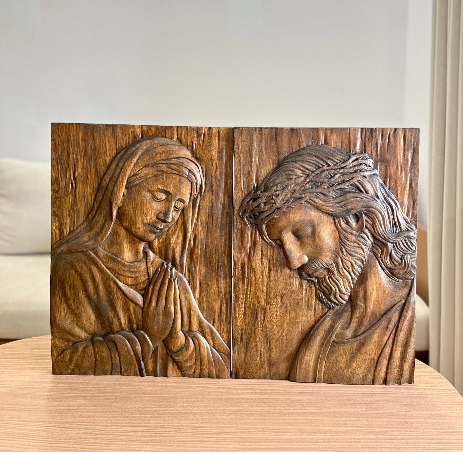 Hand Carved Wooden Jesus and Mary Wall Art, Religious Home Decor, Christian Prayer Plaque, Catholic Gift, Sacred Relief Panel